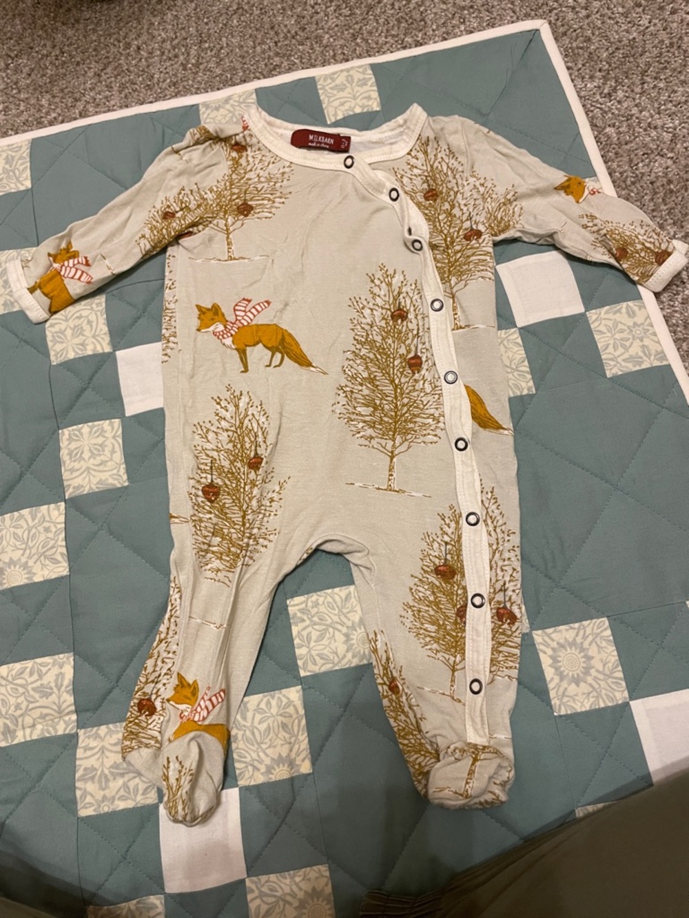 Milkbarn Sage Footed One-Piece with Fox & Tree Print